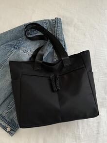 Bolsa de tela versátil y de moda de un solo color, bolso de hombro minimalista y casual con textura de color contrastante - Negro - Ver 5