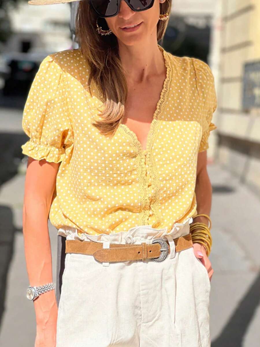 Casual And Everyday Polka Dot Contrasting Color Lace Collar Ruffled Short-Sleeved Shirt Summer - Yellow - View 1
