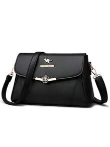 1 pieza Bolso bandolera de mujer de unicolor, con decoración de letras de metal, correa para el hombro desmontable, patrón floral vintage elegante, costuras reforzadas, solapa con cierre magnético, adecuado para compras, monedero, cosméticos, ir al trabajo
