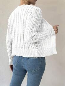 女式纯色简约粗针织纽扣开衫 - 白色 - 查看 2
