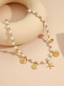 1 pieza Collar colgante con estilo oceánico, Collar gargantilla de perlas falsas de moda adecuado para uso diario, playa, viajes, fotografía