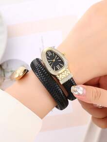 新品热销蛇形环绕腕表，时尚个性石英表，配水钻皮革表带 - 銀色 - 查看 4