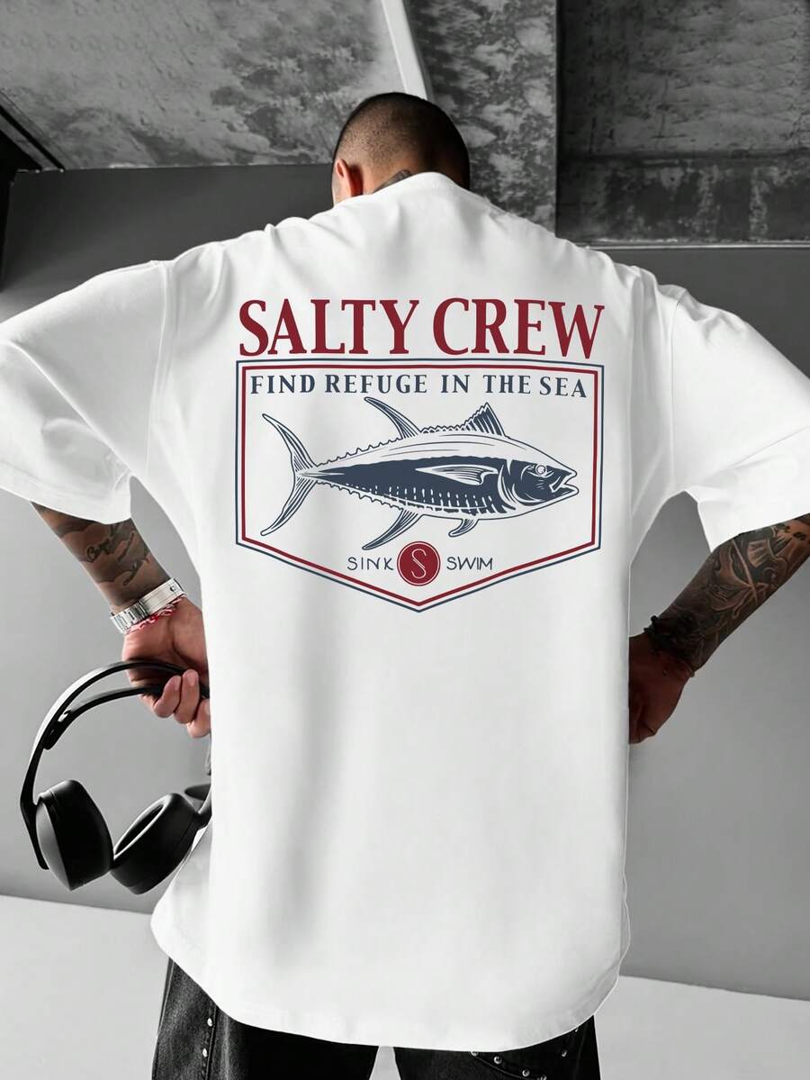 [Salty Crew T-Shirt] Red & White Salty Crew Graphic T-Shirt | Men's Casual Loose Fit Short Sleeve Summer Style | Relaxed Fit Comfortable Everyday Tshirt,Printed & Shipped In USA - 白色 - 查看 1