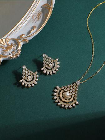 3pcs Fashion Chunky Necklace, Earring & Jewelry Set, Copper Material Embedded With Zirconia Stone, Daily, Evening Party, Girlfriend Gift