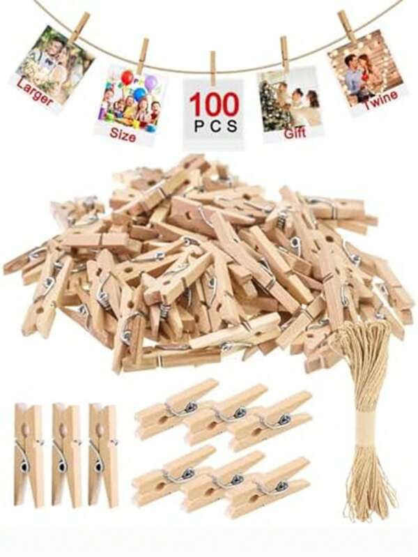 100 piezas de mini pinzas de madera, pinzas de ropa de madera natural de 2.5/3cm con 10m de cuerda de yute, pinzas de fotos decorativas de tamaño pequeño, decoraciones para exhibición de fotos, postales, cartas, útiles escolares, de vuelta a la escuela