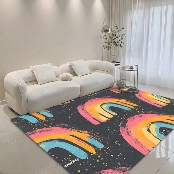 1pc Luxurious Cartoon Ins Style Colorful Rainbow Pattern Rug, European & American Creative Area Carpet, 650gsm Golden Velvet Rubber Bottom Soft Large Size Mat For Patio, Camping, Entrance, Living Room, Bedroom, Game Room, Washable All Season Universal Flooring Decor