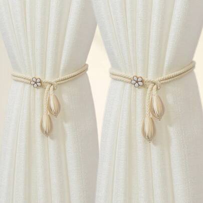 4pcs Floral Pattern Curtain Tiebacks - Beige Curtain Holdbacks With Adjustable Rope Closure, Suitable For Living Room, Bedroom Modern Home Decor - Sturdy Plastic Material, Decorative Curtain Hooks, Versatile Style Accessories, Includes Decorative Beads