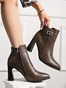 2025新款冬季女士绒面高跟踝靴，细跟，时尚保暖内衬皮鞋 - 棕色 - 查看 3