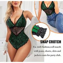 Lingerie Women Snap Crotch Teddy Bodysuit Contrast Lace Babydoll - Green - View 3