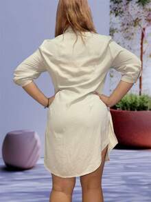 Vestido o Blusón liso con botones y manga corta,de Dama, tipo camisa para mujer de manga 3/4, camisa casual de mujer con botones y aberturas laterales, largo con tela cómoda y fresca  Liso    Vintage  Sencillo  Sexy    Tela    Abertura  Botón    Vacaciones  Oficina  Casa  Tener una cita  fiesta del té    Primavera y Verano - Camel - Ver 3