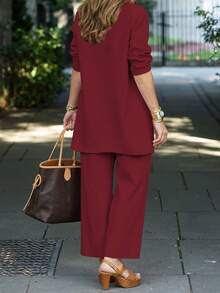 3pcs Plus Size Women Casual Solid Color Outfit Set: Jacket/Cardigan + Round Neck Sleeveless Top + Elastic Waist Straight Leg Pants, Soft Stretchy Fabric, Loose Fit, Comfortable For Commuting, Spring/Autumn/Winter Elegant - Burgundy - View 4
