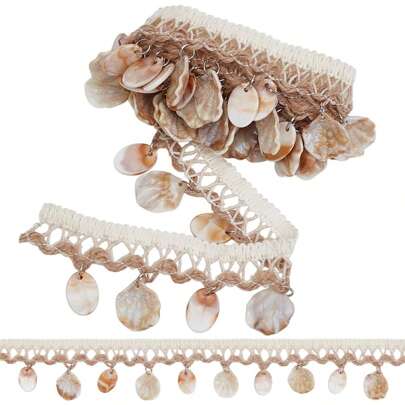 Adorno de encaje con borlas de concha de aproximadamente 1,45 pulgadas (3,7 cm) de ancho, adorno de encaje tejido, cinta de manualidades para decoración de telas, encaje bohemio para bordes, ropa, cortinas, decoración de vestidos