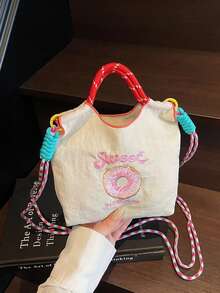 时尚女士手提包，新款单肩包，小众设计，休闲斜挎包，简约时尚手提包，舒适尼龙面料，纯色设计，刺绣装饰，开口设计，可调节和可拆卸肩带，宽敞时尚水桶包 - 白色 - 查看 10