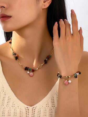 2 pièces/Set Collier fait main et bracelet de style marin en pierres naturelles, avec une forme asymétrique et des pierres cassées, avec un fermoir toggle. Convient pour le port quotidien des femmes.