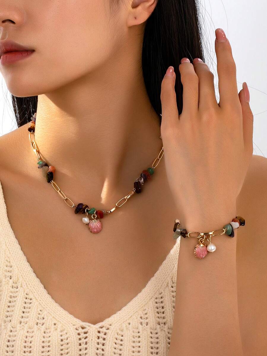 2 件/套秋冬仿珍珠手工天然石项链手链套装，具有不对称形状和碎石，配有搭扣，适合女性日常佩戴