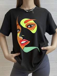 Women's Personalized Print Colorful Face Loose Round Neck T-Shirt
