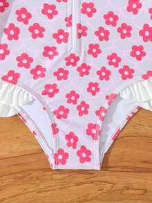Girls Sweet Clover Cute Zipper Front One-Piece Swimsuit - Multicolor - View 4