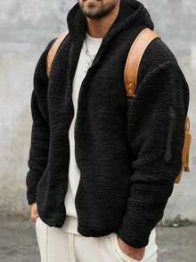 Men's Solid Color Zip Up Thermal Lined Long Sleeve Casual Hooded Jacket Coat, Autumn Men Knitted Cardigans Men Sweater Jacket Black Cardigan Black Jacket Men Cardigan Sweater, For Everyday Wear, Men Jacket, Suitable For Christmas, New Year Holidays, Parties, Dinners, For Friends, Husband, Boyfriend Gifts - Black - View 2