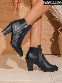 PWIIMG Women's Fashionable Black High Heel Ankle Boots, Double Zipper Design, Lace Trim Solid Color High Heels, Motorcycle Boots In Retro British Style, Chunky Heel Comfortable Material Ankle Boots, Autumn/Winter Cool High Heel Boots, Lace Trim, Cone Heel Boots, Black Boots,Boots For Women - Black - View 7