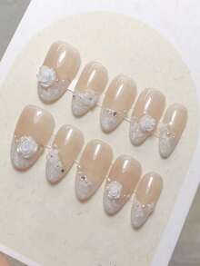 10pcs Handmade Press-On False Nails, Creative Coffin Shaped Artificial Nails, French Manicure Pull-String Nails, White Mother-Of-Pearl Textured French Simple Nails, With 3D Flower Pearl Diamond Bow Nail Decorations, Nude Nails, Coffin Nails, Fashionable Minimalist Colorful Nails, Cherry Blossom Nails, White Bow, White Nails, Pink Nails, Suitable For Spring, Summer, Autumn And Winter, European And American Style Nails, Cute Nail Decorations, Perfect For DIY Home Manicure, Office Daily Manicure, Gifts, Nail Art Supplies, Self-Learning Nail Art, Beginner Nail Art, Millennium Bug Style Nails, Fingernails, Nails, Upgraded Nails, Nail Art Set, Graduation Party Nails, Coffin Nail Tips, Almond Nail Tips, Nail Art Materials, Wedding Nails, Contrast Nails, New Style Nails, Birthday And Seasonal Gift Sets For Women And Girls! - White - View 22