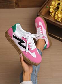 Women's Round Toe Lace-Up Classic Pink Chunky Sole Casual Sneakers, 2025 New Arrivals Campus Style Sporty Cute Pink Trainers, Fashionable & Versatile Anti-Slip Student Skate Shoes For Gym, Outdoor