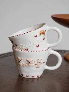 1个270毫升可爱卡通熊陶瓷杯，双面浮雕熊图案，心形牛角包咖啡杯，家用杯，牛奶杯，情侣早餐杯，水杯，下午茶杯礼品 - 白色 - 查看 3