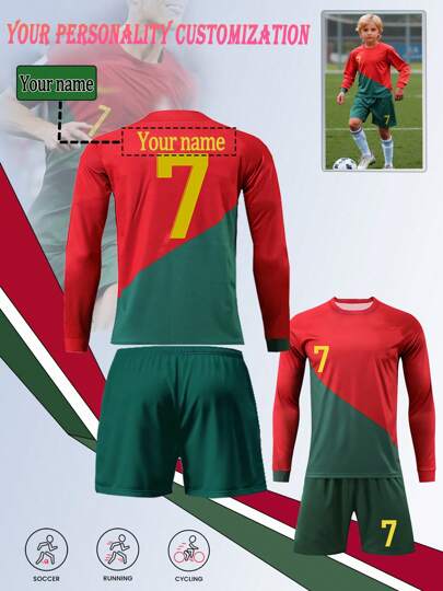 [Custom Product] Personalized Name 2 Pieces Sets, 10# Print, Boys & Youth, Barcelona Home Soccer Jersey - Round Neck Long Sleeve Top And Shorts, Quick Dry Breathable Polyester Fabric, Suitable For Sport, Training And Casual Wear, Outdoor Perfect Choice,Multi-Functional,Ornamental,Letter,Stylish,Modern,Colorful,Cute,Adorable,Casual,Custom,Personalised,Unique,Customized,Ideal Gifts For Him,Ideal Gifts For Her