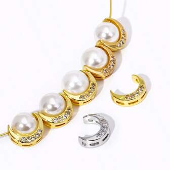 2 piezas de cuentas de marco de luna con circonita chapadas en oro de 18K real, cuentas espaciadoras con forma de luna para hacer pulseras, collares y aretes de joyería DIY