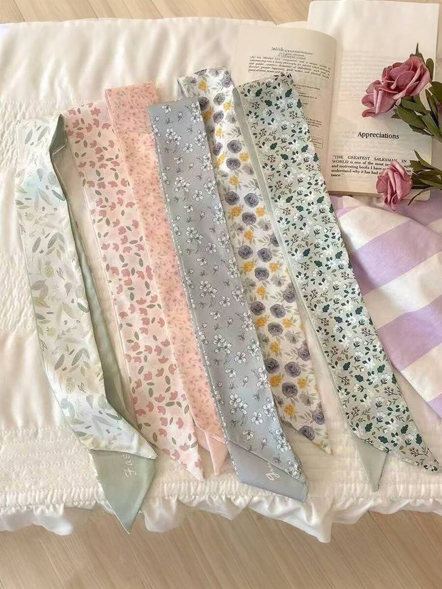 6件套女士碎花真丝围巾发带，休闲优雅百搭日常礼物装饰发饰头带，适合女性、学生、大学生秋季配饰、秋冬季度假穿搭，女士头巾柔软头巾夏季穿搭 - 彩色 - 查看 1