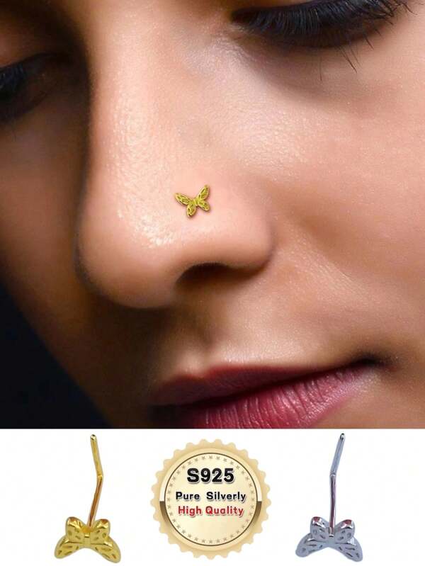 1pc S925 Sterling Silver Cute Gold Color L Pin Nose Studs Butterfly Shape Nose Rings For Women Gir Cubic Zirconia Butterfly Decor Nose Stud For Women And Men, Punk Piercing, A Fashionable Body Jewelry Gift For Any Occasion
