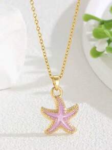 1pc Women Elegant Starfish Pendant Necklace - Gold Metallic With Shiny Blue Starfish Charm, Suitable For Party, Birthday And Spring Festival Gifts, Versatile Ocean-Themed Accessory, Exquisite Craftsmanship