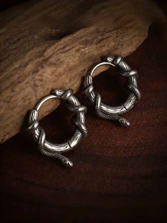 1 par ormlindade ringörhängen för män – Antik silver gotiska vikingasmycken, punkrock ormdesign, mörk estetisk accessoar