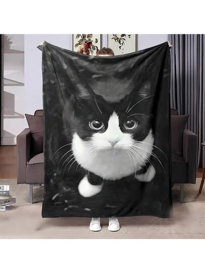 1件可爱猫咪印花简约法兰绒毯，适合房间装饰、居家、野餐和旅行。蓬松毛毯，是送给家人、朋友、自己、日常、生日、节日、四季的理想礼物