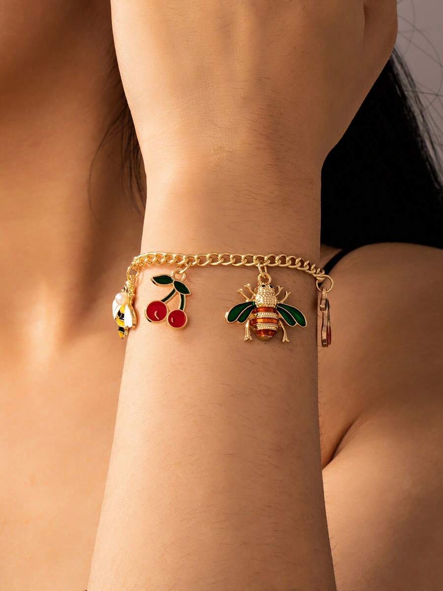 1 件女士不锈钢蜜蜂和樱桃串珠手链，粗链，甜美清新欧美风格，金色 - 彩色 - 查看 1
