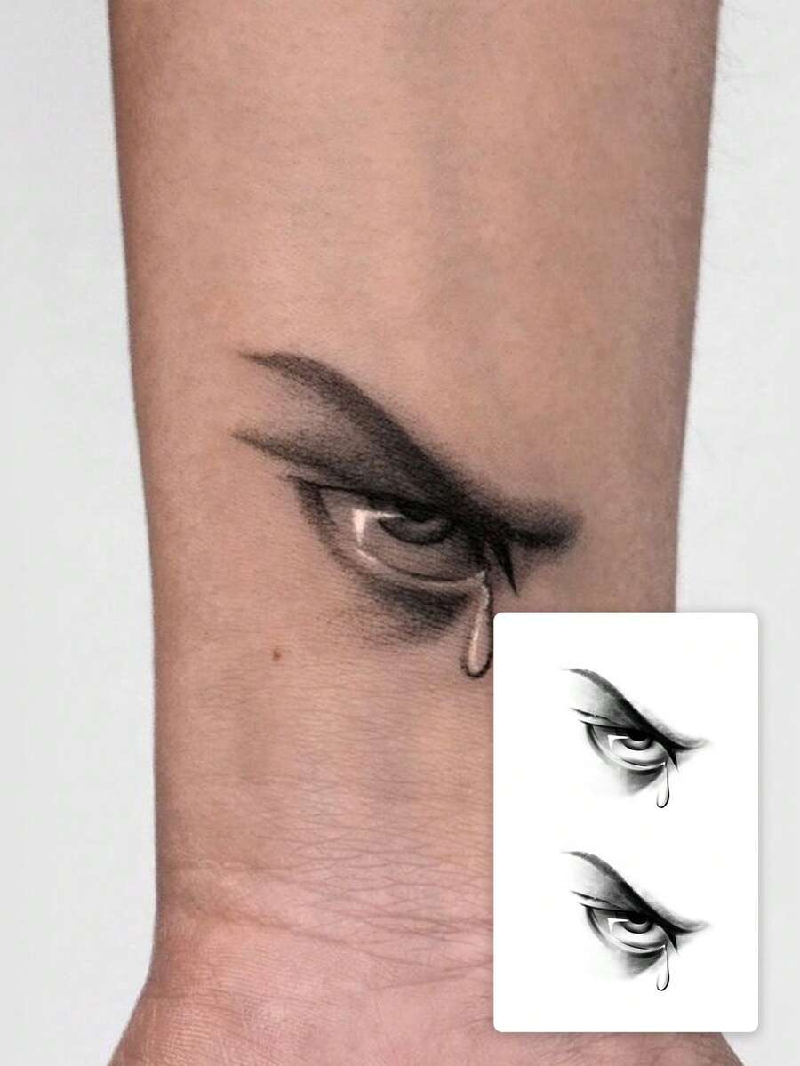 1pc Men's Herbal Temporary Tattoo, Small Eye Crying Abstract Art Gothic Design Suitable For Arm, Waterproof & Sweatproof, Lasts 7-14 Days - Black - View 1