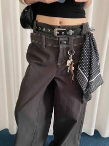 1pc Women's Black PU Leather Minimalist Engraved Metal Buckle Star Cutout Decor Casual Office Belt