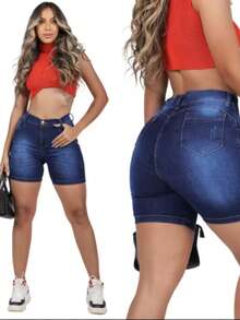 Bermuda Jeans Feminina Meia Coxa Cintura Alta Com elastano - Azul - Visão 1