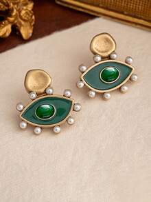 一对复古珍珠和珐琅吊坠耳环，复古独特小耳环 - 綠寶石 - 查看 10