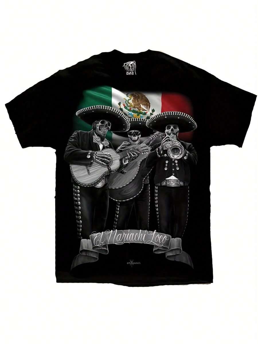 El Mariachi Loco Viva México Chicano Arte Lowrider DGA D Gonzales Men's Comfortable Cotton T-Shirt With Round Neck And Short Sleeves 180g - 黑色 - 查看 1