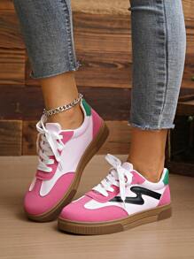 Women's Round Toe Lace-Up Classic Pink Chunky Sole Casual Sneakers, 2025 New Arrivals Campus Style Sporty Cute Pink Trainers, Fashionable & Versatile Anti-Slip Student Skate Shoes For Gym, Outdoor