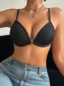 Sujetador inalámbrico con cierre frontal negro, lencería de mujer con sujetador con almohadillas fijas y tirantes desmontables para un estilo versátil - sujetador de tirantes finos, sujetador de espalda cruzada y sujetador de tirantes finos - Negro - Ver 6