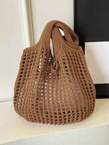 Leisure Large Capacity Woven Bag Hollow Design Knitted Shoulder Bag Holiday Beach Shopper Tote For Women Travel Women Crochet Tote Bag Hollow Beach Bag Large Capacity Fashion Knitted Bag Solid Color Simple Shopping Bag For Travel Vacation