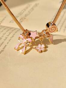 1 件可爱蝴蝶结和心形吊坠项链，粉色蝴蝶结心形吊坠项链，粉色樱花项链，时尚星星项链