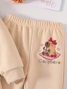 Tween Girls Cartoon Print Crew Neck Sweatshirt & Flare Pants Set - Khaki - View 5