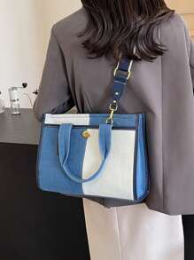 休闲优雅拼色帆布宽肩带女士托特包，大容量时尚手提包，休闲百搭手提包，适合女性或学生的文艺书包和书包，非常适合书籍、购物、返校等 - 彩色 - 查看 7