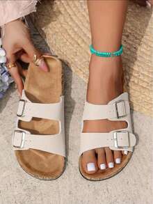 Women's Fashion Buckle Flat Soft Wood Slippers Beach Style Summer Unisex Beach Outdoor Casual Slides - Beige - View 1