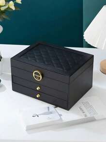 1 pieza Joyero de tres capas de gran capacidad, joyero multifunción de piel sintética (PU), joyero de tres capas con cerradura, joyero portátil, caja de almacenamiento para anillos, aretes y collares, caja de almacenamiento de joyería para tocador con cajón