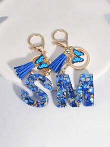 1pc Blue Alphabet Initial Letter Keychain Cute Butterfly Resin Key Chain Ring Bag Backpack Charm Car Key Pendant Women Daily Use Gift