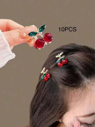 Set de 10/4/2/1 pinza de pelo pequeña y linda con estampado de cereza, ganchos para el cabello, accesorios para el cabello, pinzas para el flequillo, obsequios para fiestas, aptos para uso diario