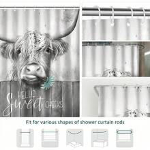 1pc Interesting Highland Cow Shower Curtain, Vintage Farmhouse Western Longhorn Cattle Country Gray Wooden Daisy Bathroom Home Decor Set With 12 Plastic Hooks, 70.8Inch * 70.8Inch Bathroom Decor - Grey - View 2